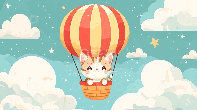 高清大图下载【趣麦麦图】热气球上的猫咪