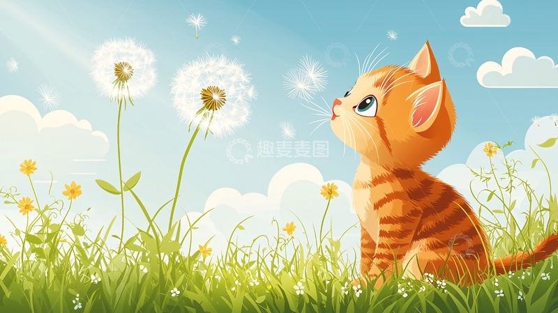 高清大图下载【趣麦麦图】小猫吹蒲公英