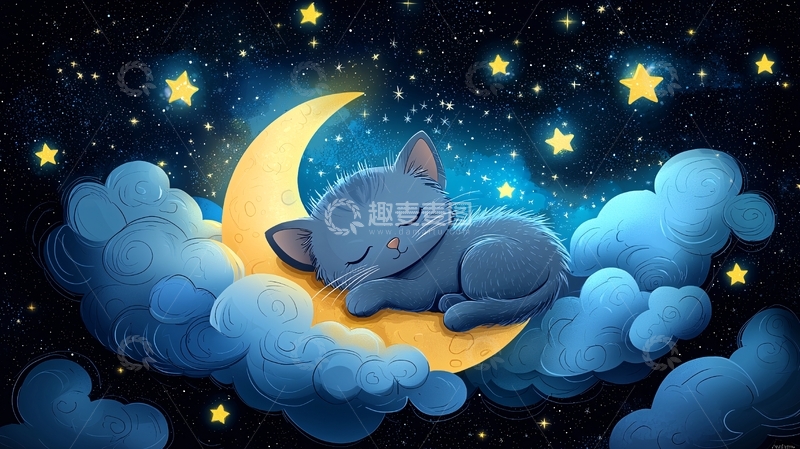 高清大图下载【趣麦麦图】小猫月亮星星夜空
