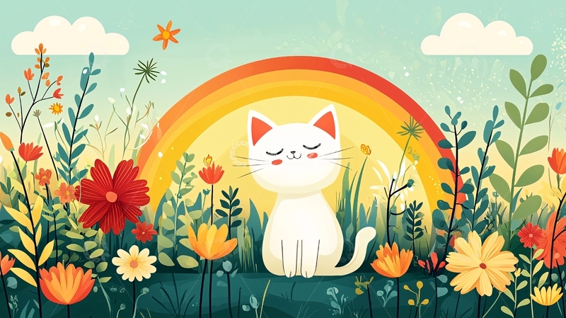 高清大图下载【趣麦麦图】彩虹花田里的小白猫