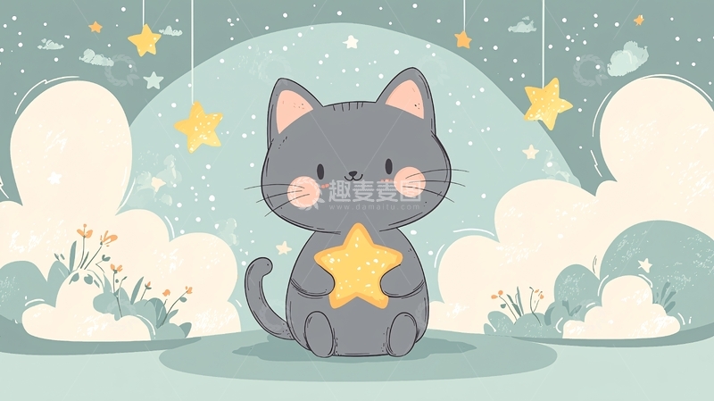 高清大图下载【趣麦麦图】可爱小猫抱着星星