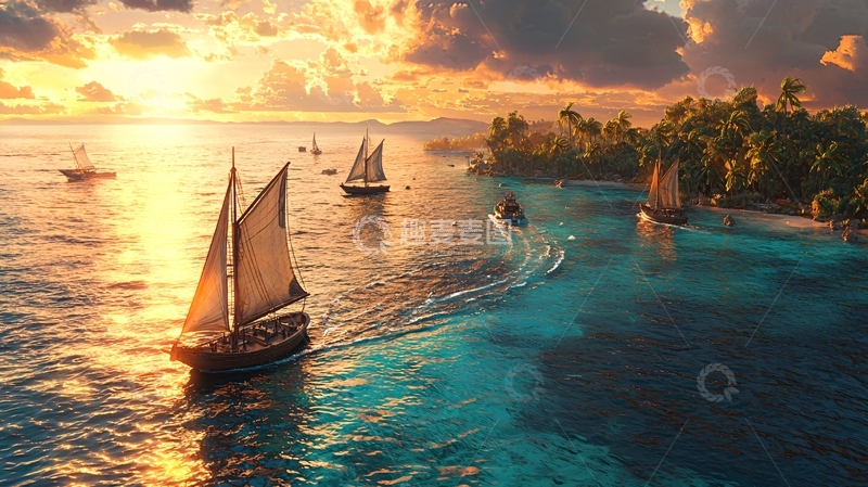 高清大图下载【趣麦麦图】夕阳西下帆船航行