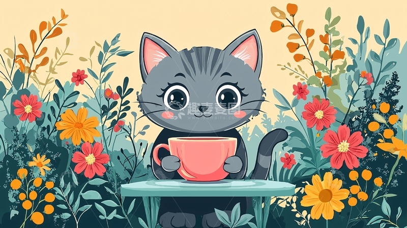 高清大图下载【趣麦麦图】可爱猫咪喝茶