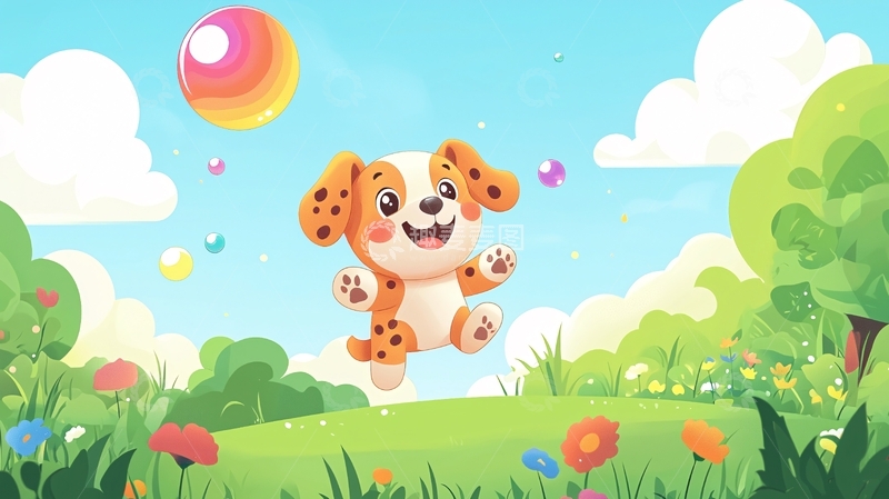 高清大图下载【趣麦麦图】开心的小狗在草地玩耍