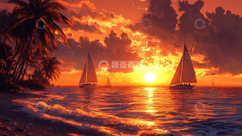 高清大图下载【趣麦麦图】热带海滩日落帆船