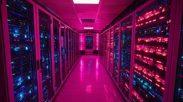 粉色灯光下的服务器机房