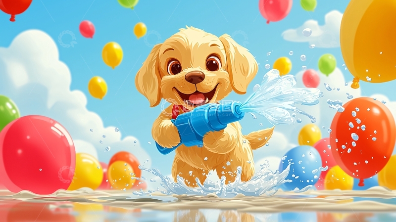 高清大图下载【趣麦麦图】可爱小狗玩水枪