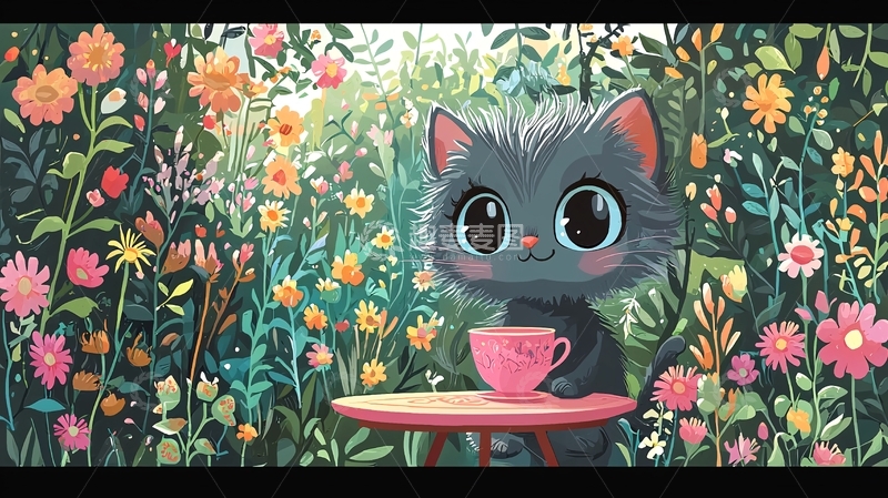高清大图下载【趣麦麦图】小猫喝茶花丛中