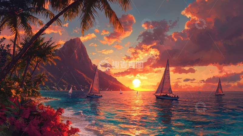 高清大图下载【趣麦麦图】热带海滩日落帆船景观