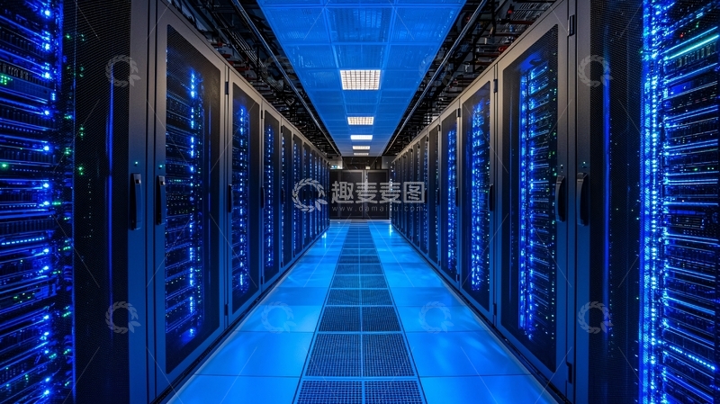 高清大图下载【趣麦麦图】蓝色灯光下的服务器机房