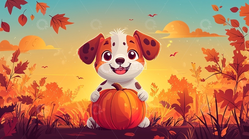 高清大图下载【趣麦麦图】秋日小狗南瓜卡通