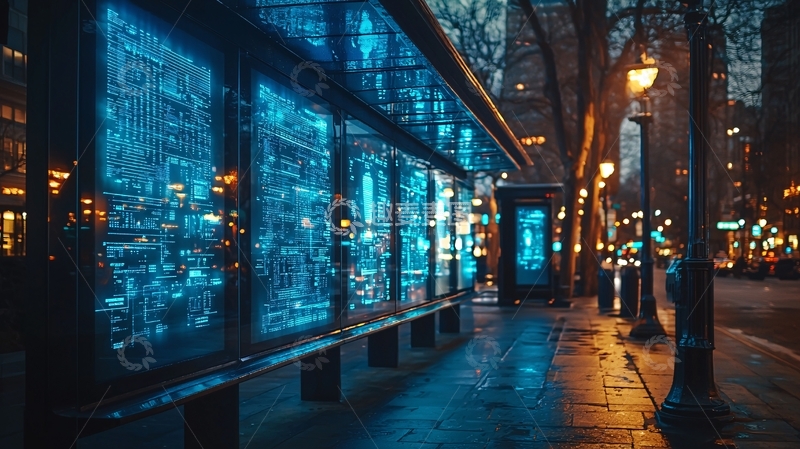 高清大图下载【趣麦麦图】夜晚街道蓝色科技感公交站牌