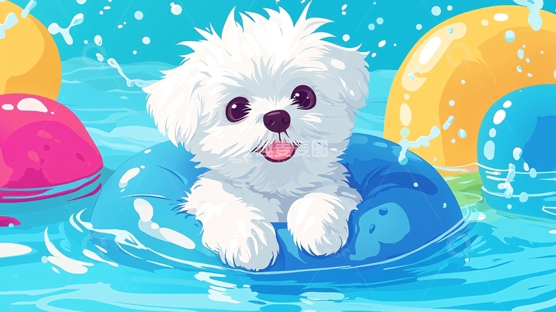 高清大图下载【趣麦麦图】可爱马尔济斯犬游泳圈