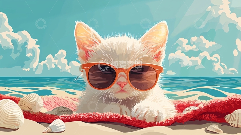 高清大图下载【趣麦麦图】沙滩上戴墨镜的小猫