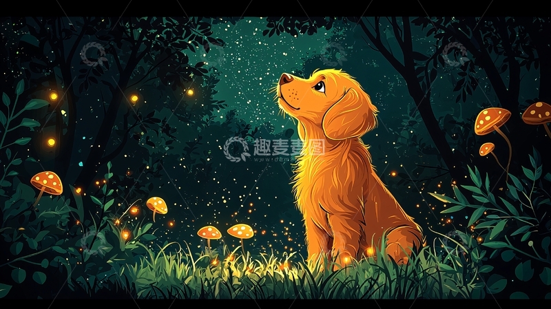 高清大图下载【趣麦麦图】金毛幼犬萤火虫森林