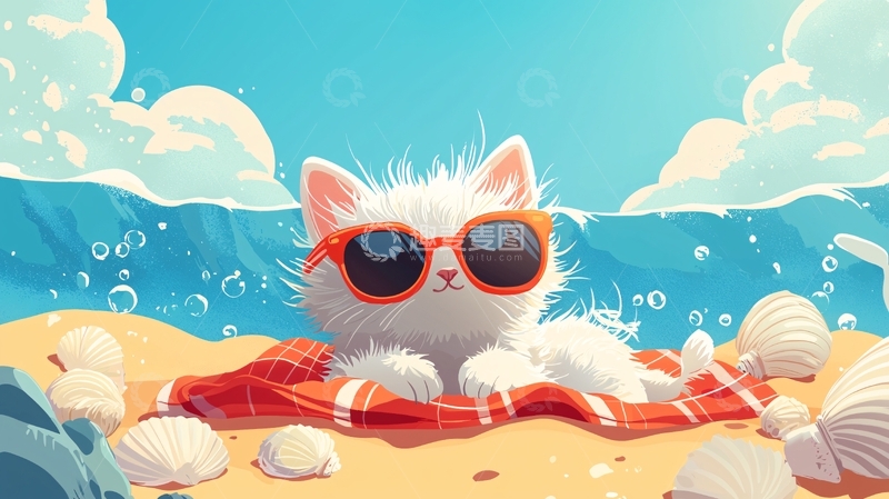 高清大图下载【趣麦麦图】沙滩上戴墨镜的猫咪