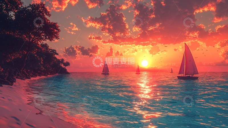 高清大图下载【趣麦麦图】落日余晖下的海滩帆船