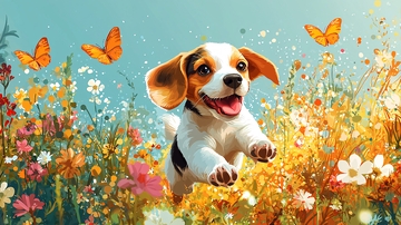 小狗在花田里奔跑