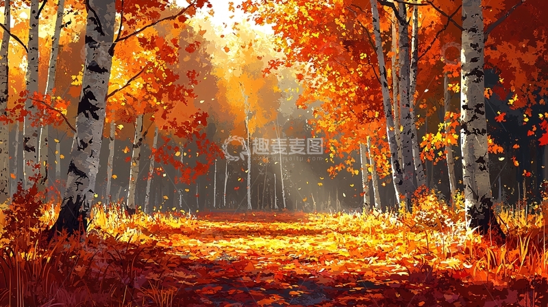 高清大图下载【趣麦麦图】秋日桦树林光影斑驳