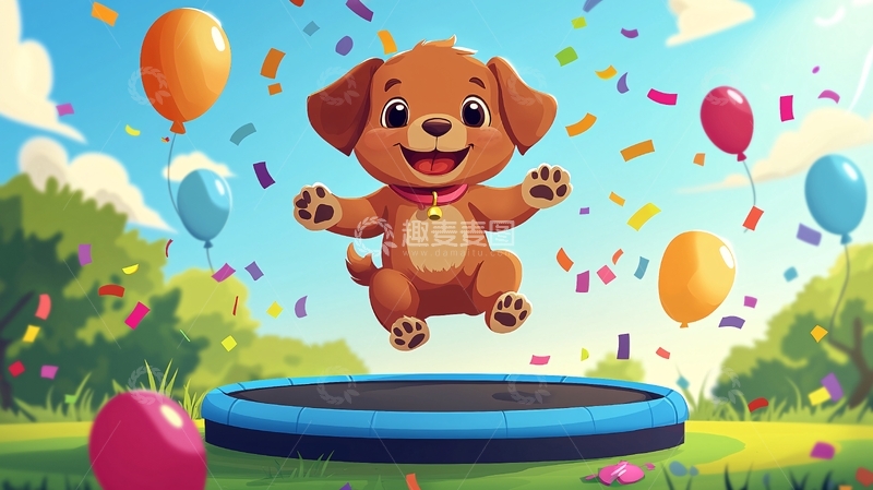 高清大图下载【趣麦麦图】可爱小狗蹦床派对