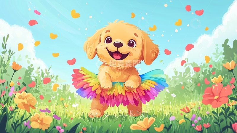 高清大图下载【趣麦麦图】可爱金毛犬彩虹裙