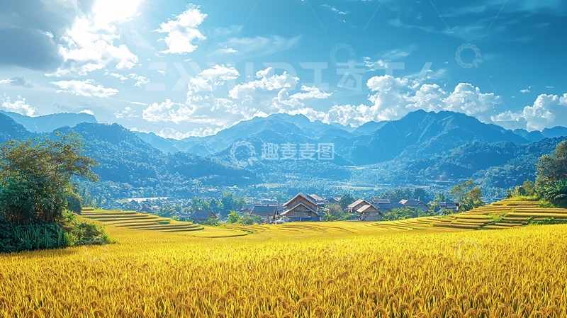 高清大图下载【趣麦麦图】阳光下的金黄梯田