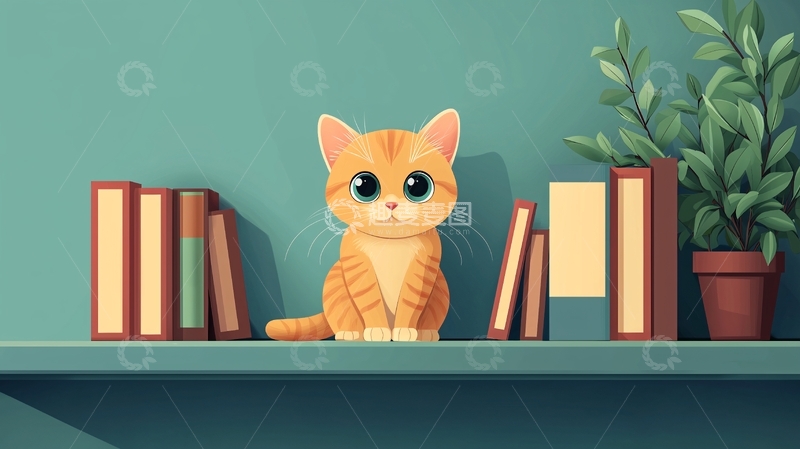 高清大图下载【趣麦麦图】可爱小猫书架插画