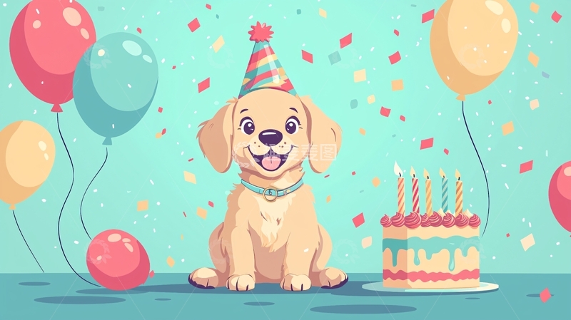 高清大图下载【趣麦麦图】金毛狗狗生日派对