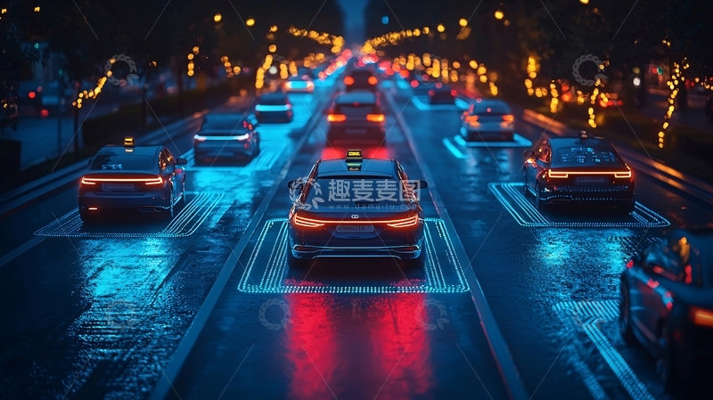 高清大图下载【趣麦麦图】夜晚雨中自动驾驶汽车
