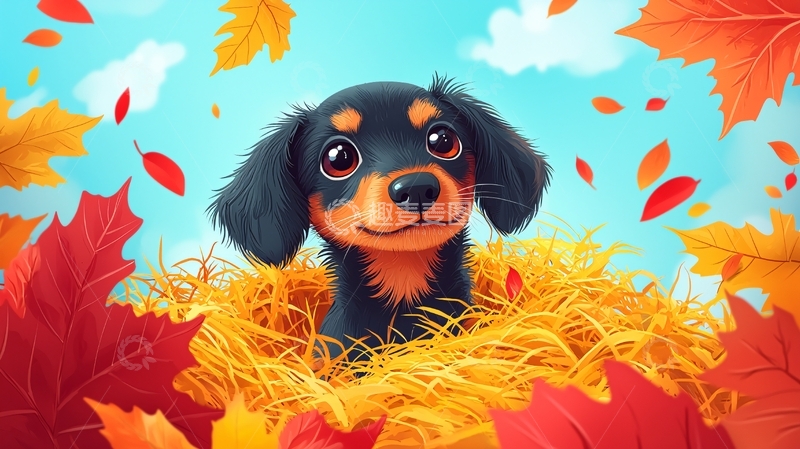 高清大图下载【趣麦麦图】秋叶中可爱腊肠犬
