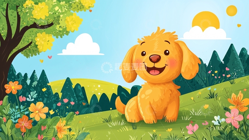 高清大图下载【趣麦麦图】小狗春天田园卡通插画
