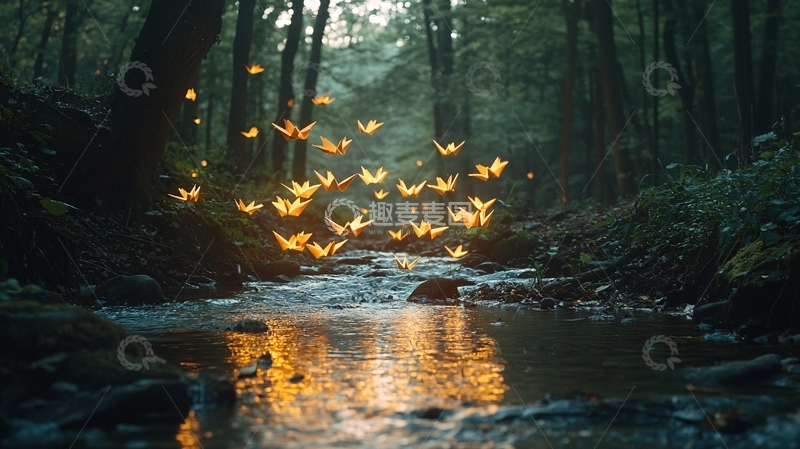 高清大图下载【趣麦麦图】森林小溪萤火虫