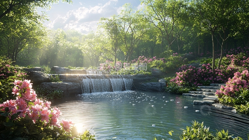高清大图下载【趣麦麦图】阳光下的瀑布和花园