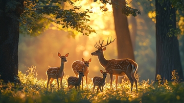 森林夕阳鹿家族