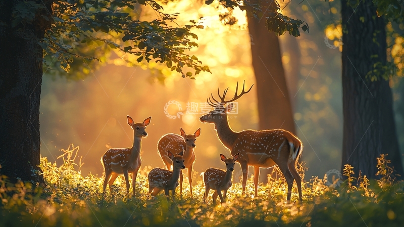 森林夕阳鹿家族