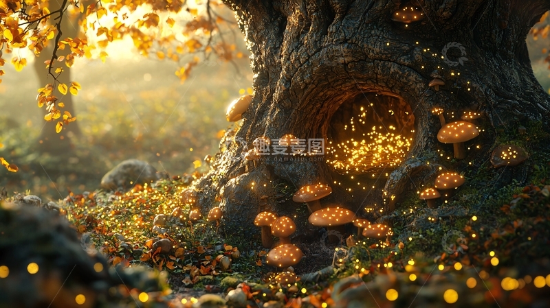 高清大图下载【趣麦麦图】秋日森林树洞蘑菇