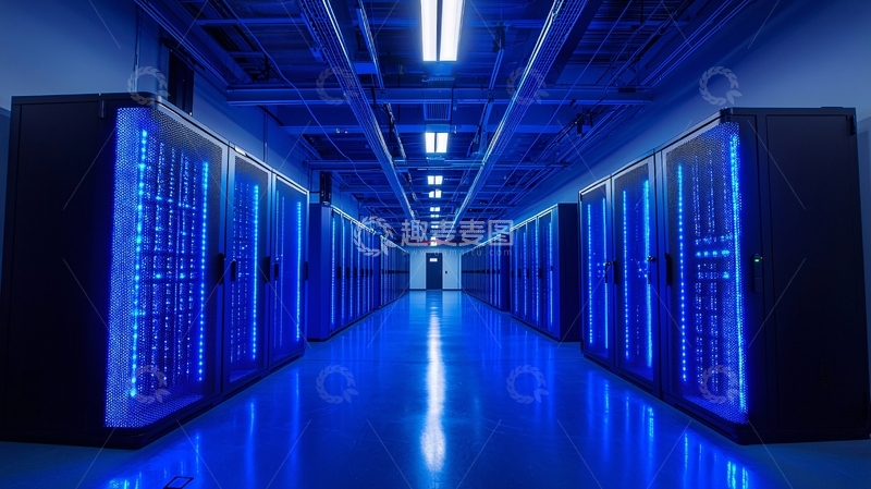 高清大图下载【趣麦麦图】蓝色灯光下的服务器机房