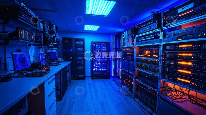 高清大图下载【趣麦麦图】蓝色灯光下的服务器机房