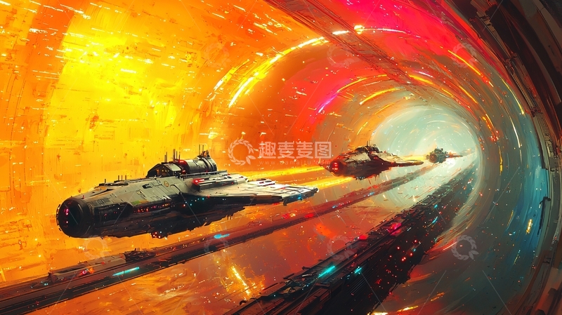 高清大图下载【趣麦麦图】宇宙飞船穿越彩色隧道