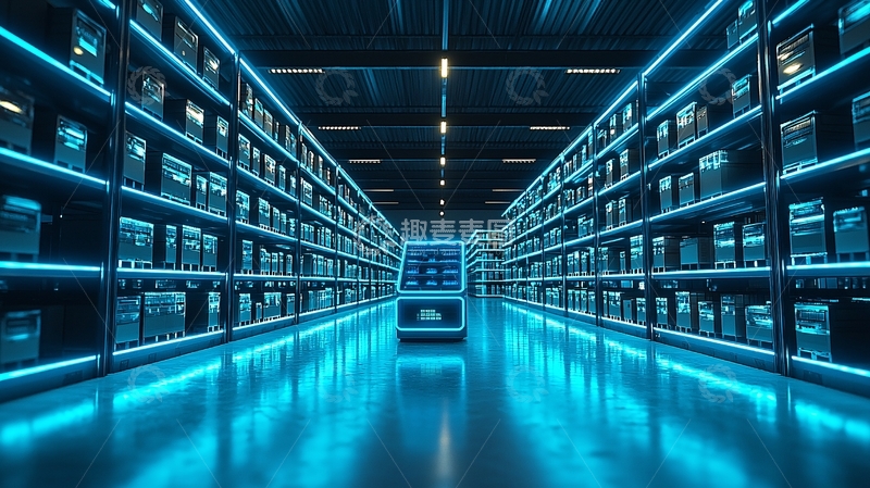 高清大图下载【趣麦麦图】蓝色灯光下的智能仓库货架