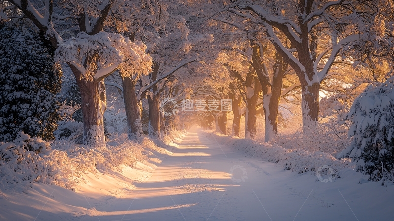 高清大图下载【趣麦麦图】冬日雪景林荫小路