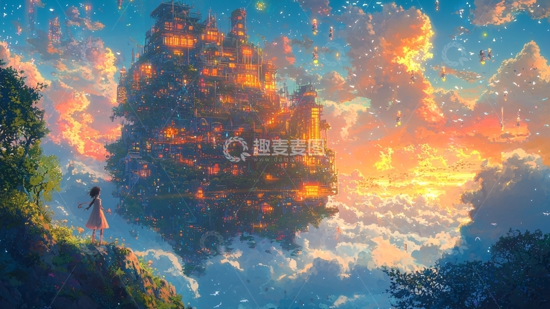 高清大图下载【趣麦麦图】漂浮岛屿上的梦幻小镇