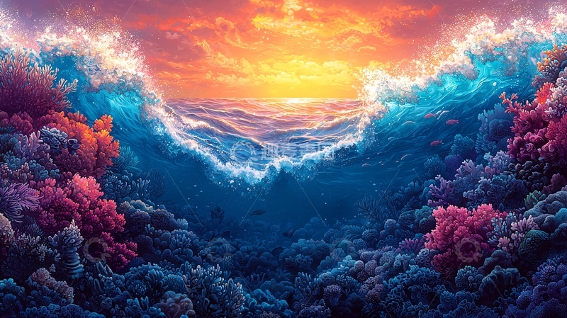 高清大图下载【趣麦麦图】日落海浪珊瑚礁