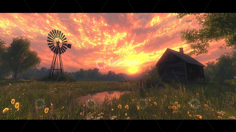 高清大图下载【趣麦麦图】夕阳下的乡村风车小屋