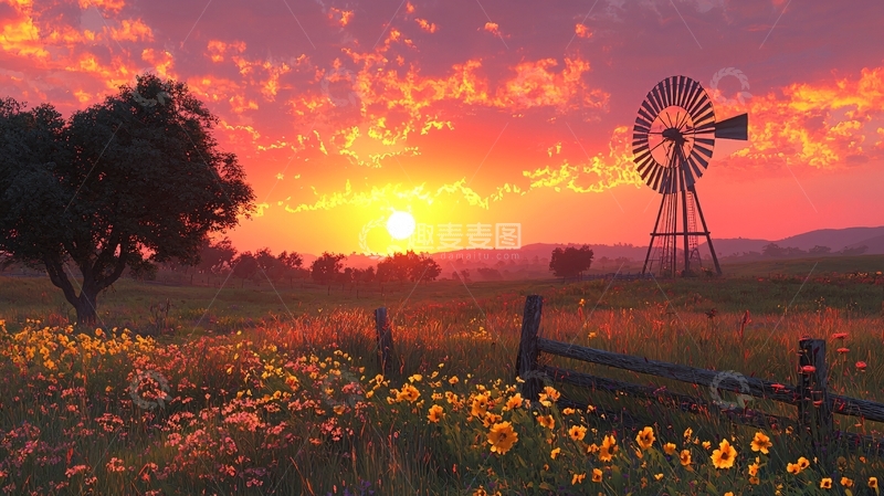 高清大图下载【趣麦麦图】日落风车田园风光