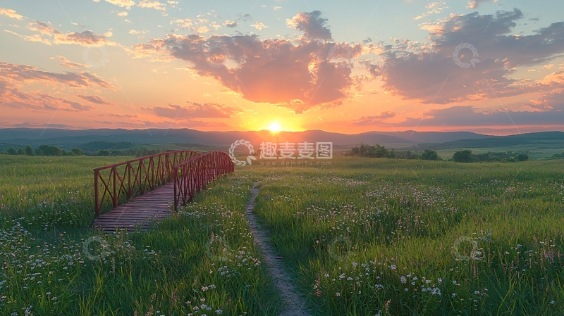 高清大图下载【趣麦麦图】田野小桥夕阳美景