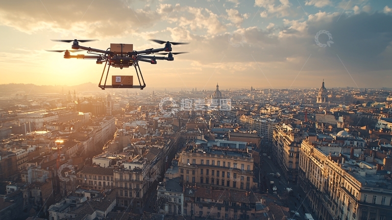 高清大图下载【趣麦麦图】无人机送货飞跃城市