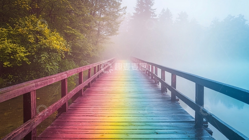 高清大图下载【趣麦麦图】雾中彩虹木桥