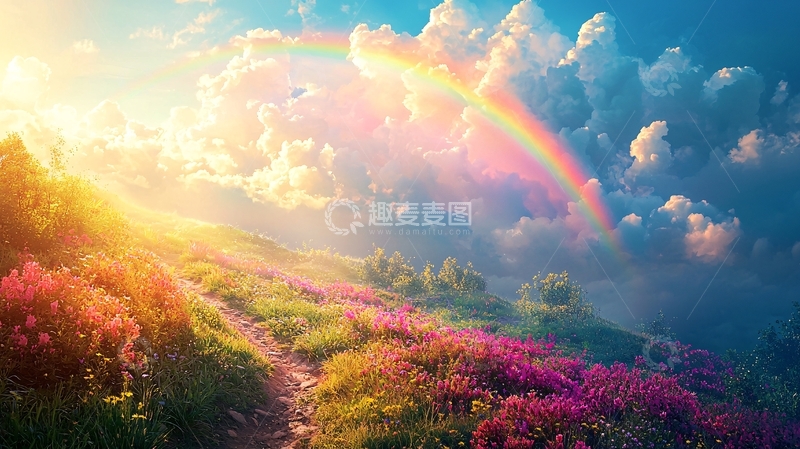 高清大图下载【趣麦麦图】彩虹山峦花海日出