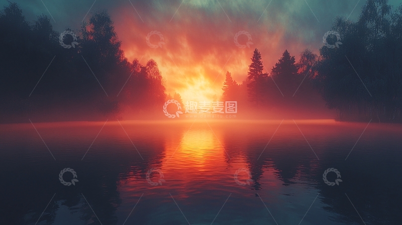 高清大图下载【趣麦麦图】雾气森林湖泊日落